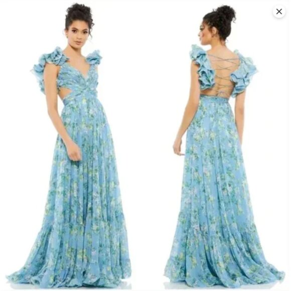 MAC DUGGAL 67803 RUFFLE TIERED FLORAL CUTOUT CHIFFON BLUE MULTI GOWN 6